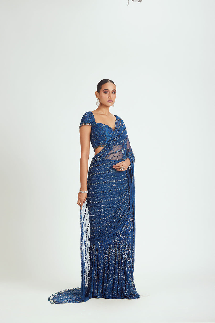 COBALT BLUE NET DRAPED SAREE