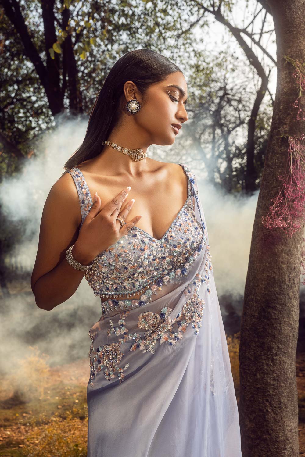 Ink Blue Ombre Organza Saree Set