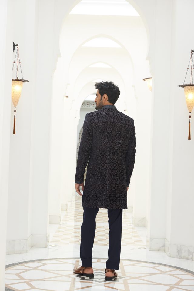 Midnight Blue Embroidered Velvet Short Sherwani with Kurta and Trouser