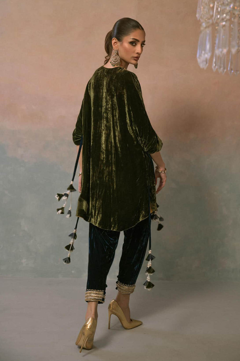 Olive Opulence Embroidered Velvet Set