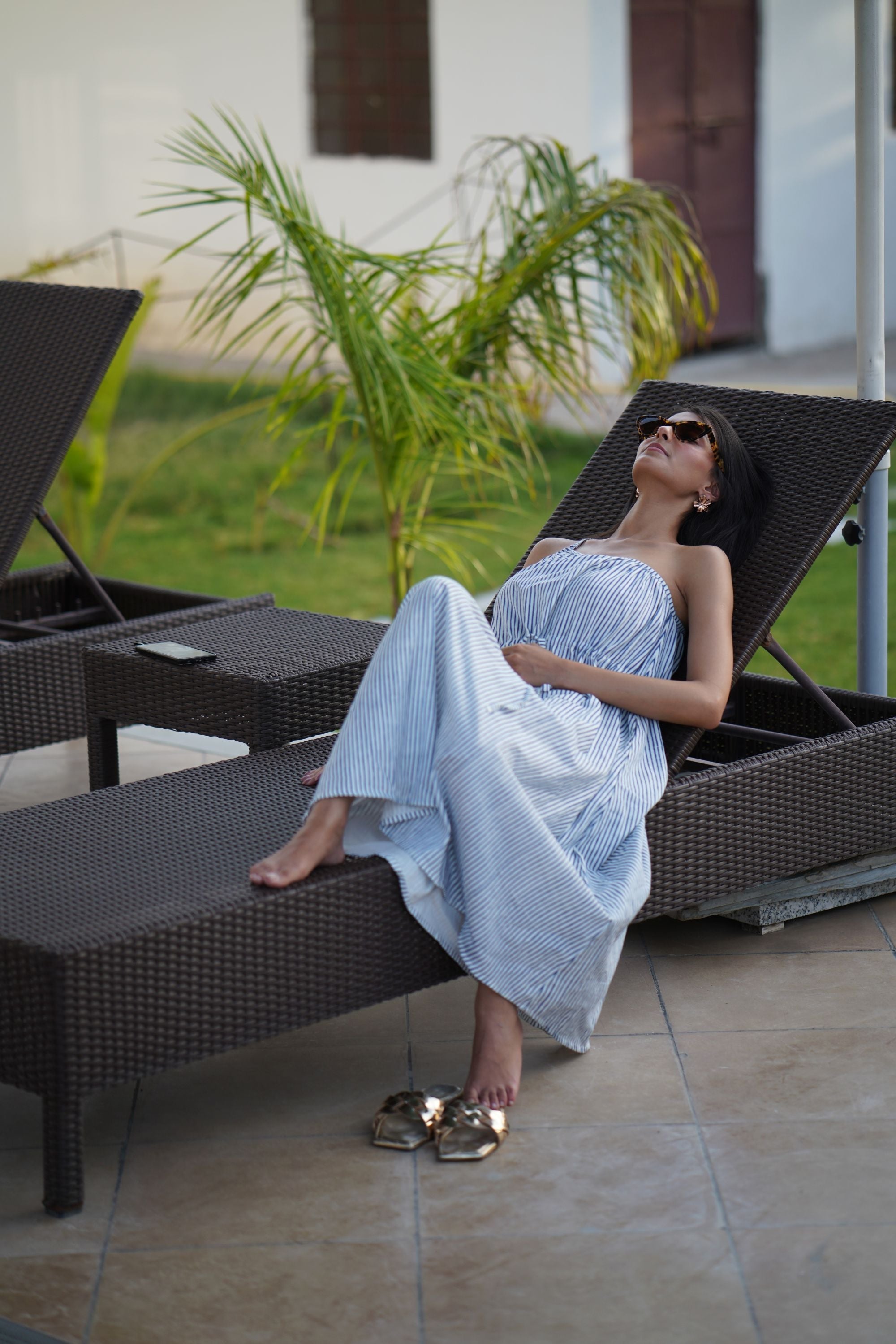 Handblock Stripe One Shoulder Dress