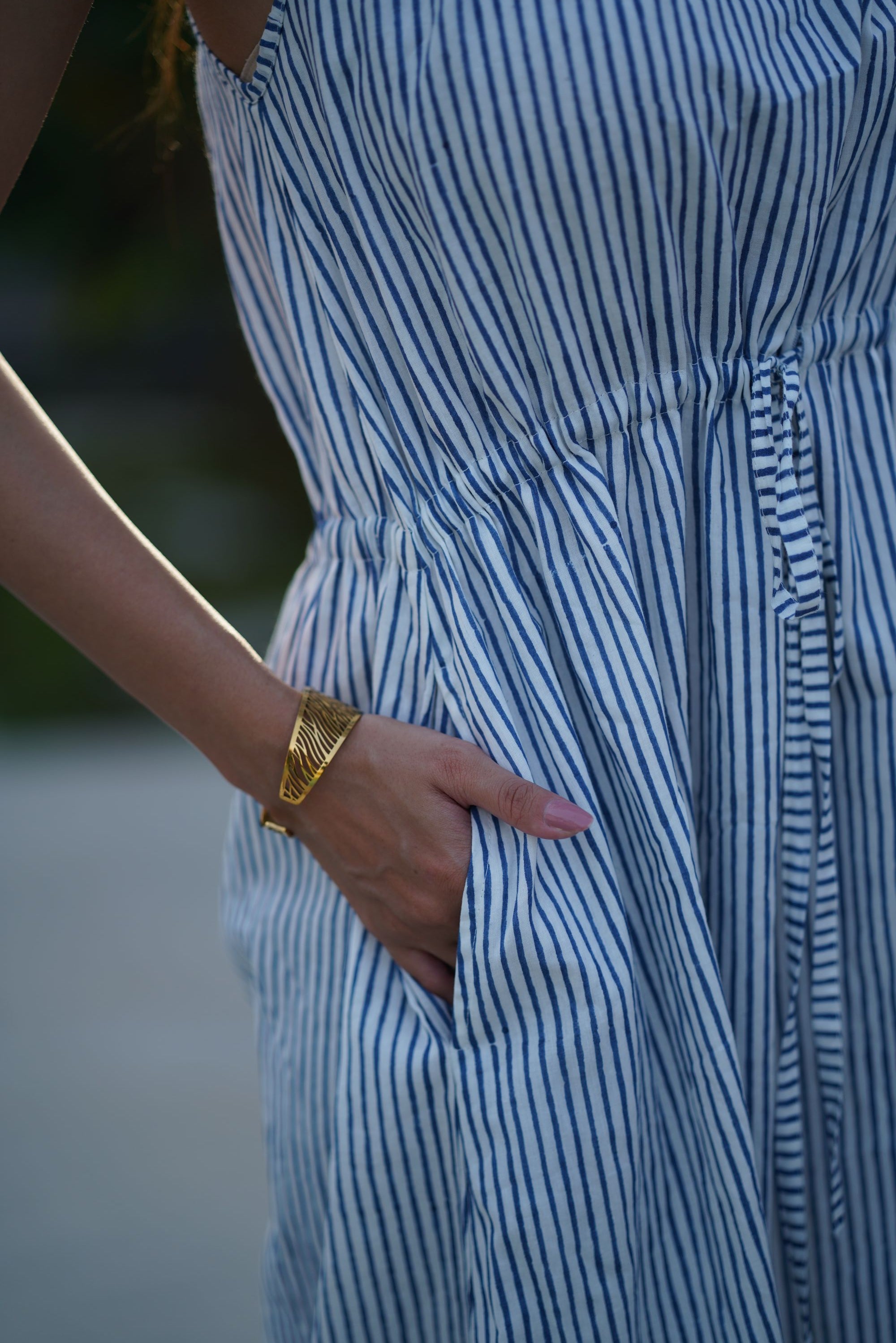 Handblock Stripe One Shoulder Dress