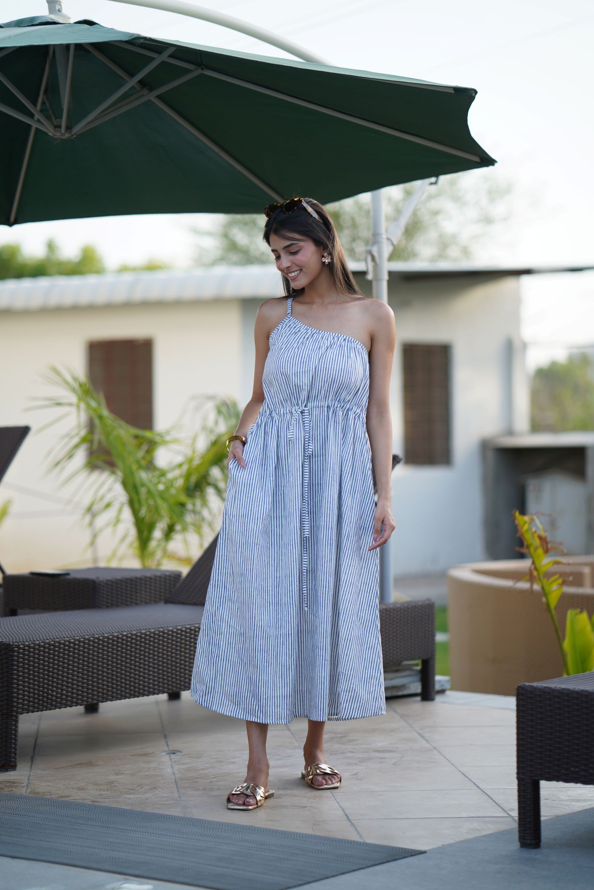 Handblock Stripe One Shoulder Dress