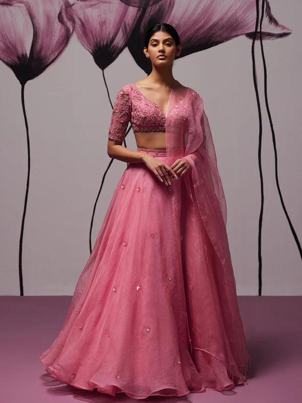 Grandiose Pink Silk Organza Lehenga Set
