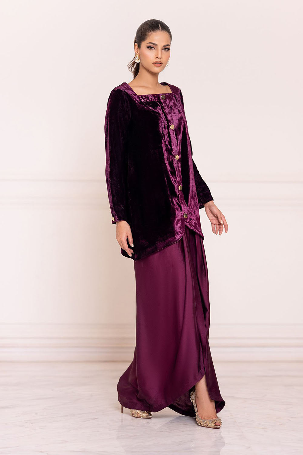 Plum Luxe Velvet Kurta & Draped Pant Set
