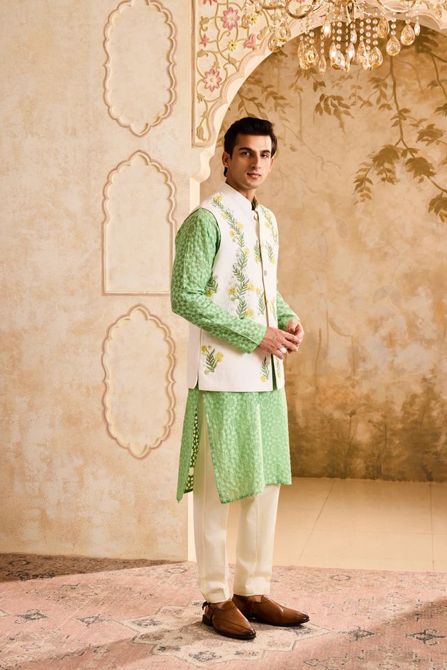 Ivory Bundi Jacket with Jade Kurta Churidar
