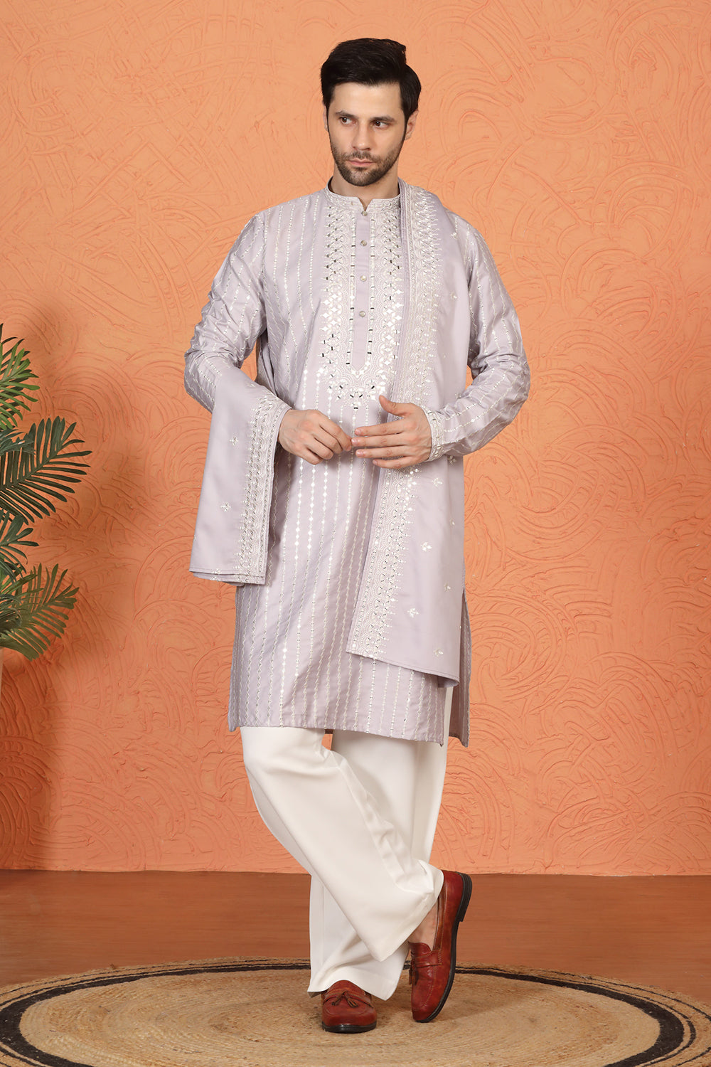 Raas Mirror Embroidered Kurta with Loose Fit Parallel Pants And Dupatta