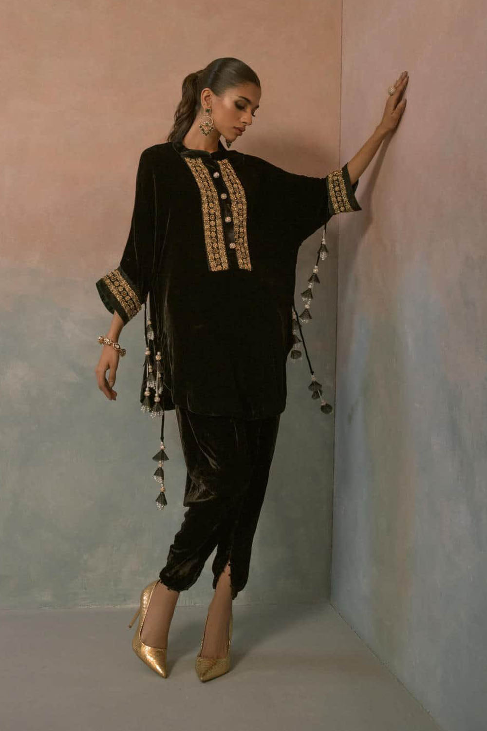 Regal Green Hand-Embroidered Velvet Ensemble