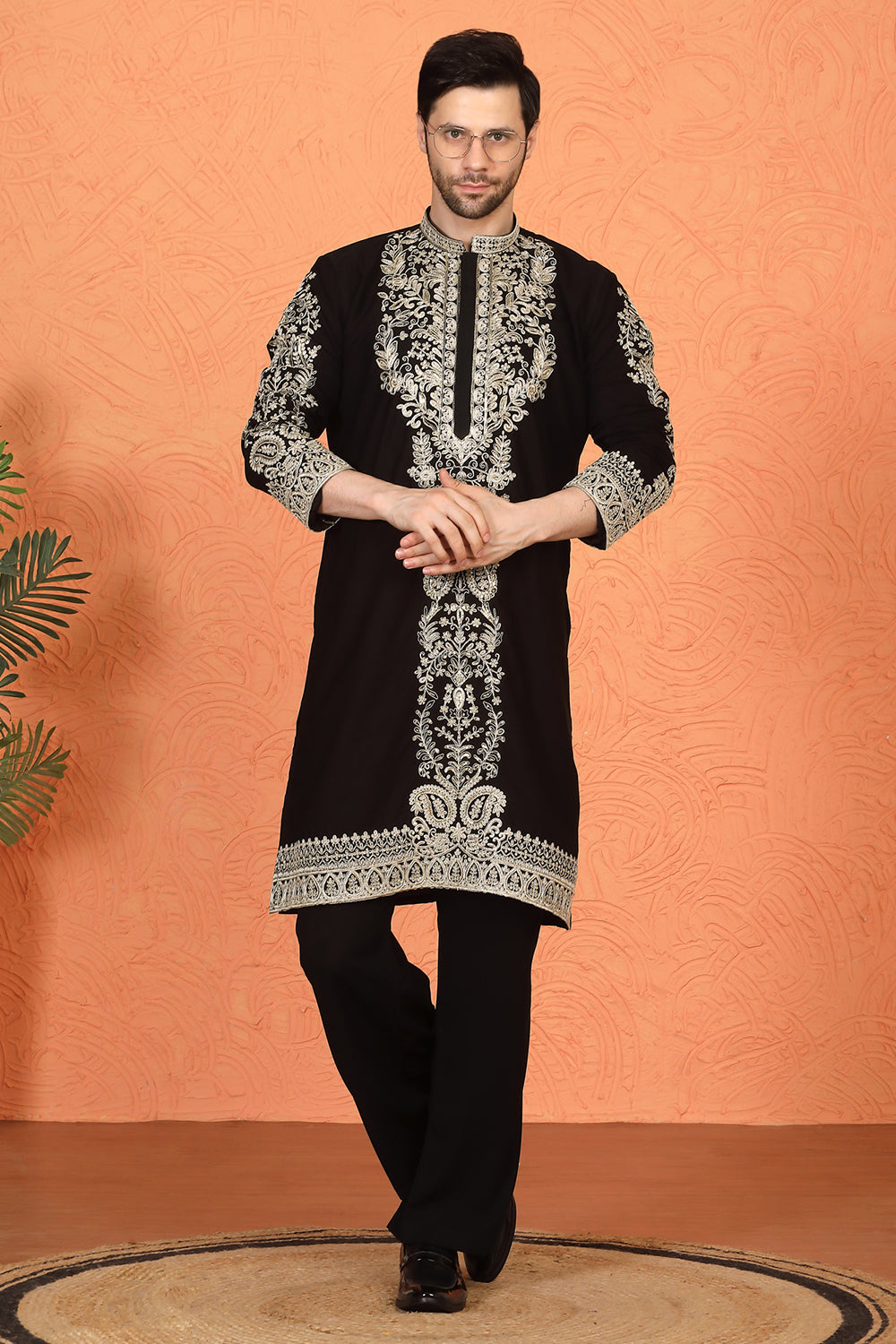 Royal Black Kashmiri Embroidered Kurta with Loose Fit Parallel Matching Pants