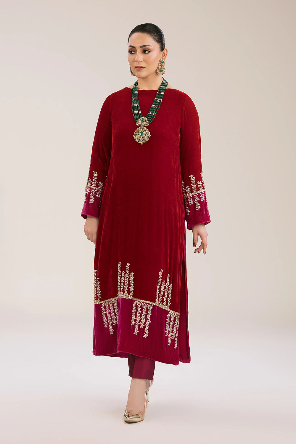 Ruby Velvet Embroidered Kurta & Pant Set