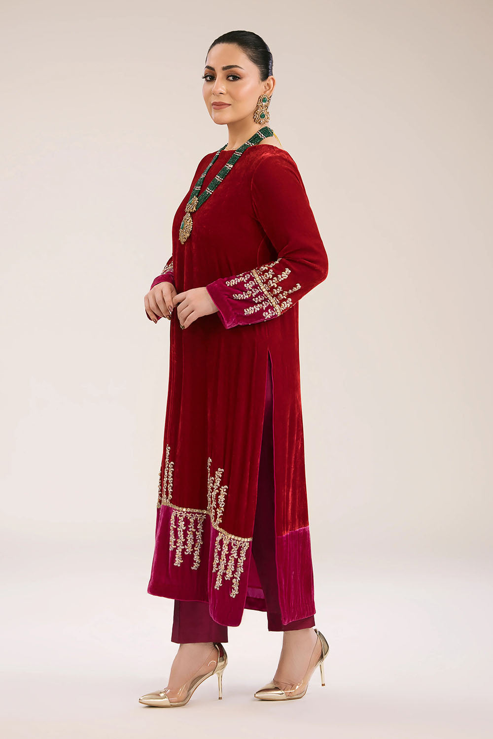 Ruby Velvet Embroidered Kurta & Pant Set