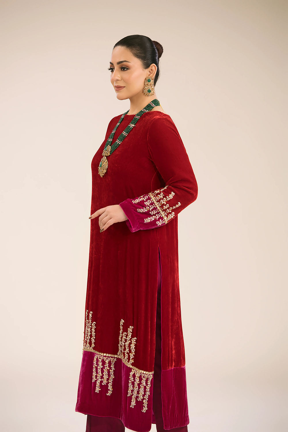 Ruby Velvet Embroidered Kurta & Pant Set