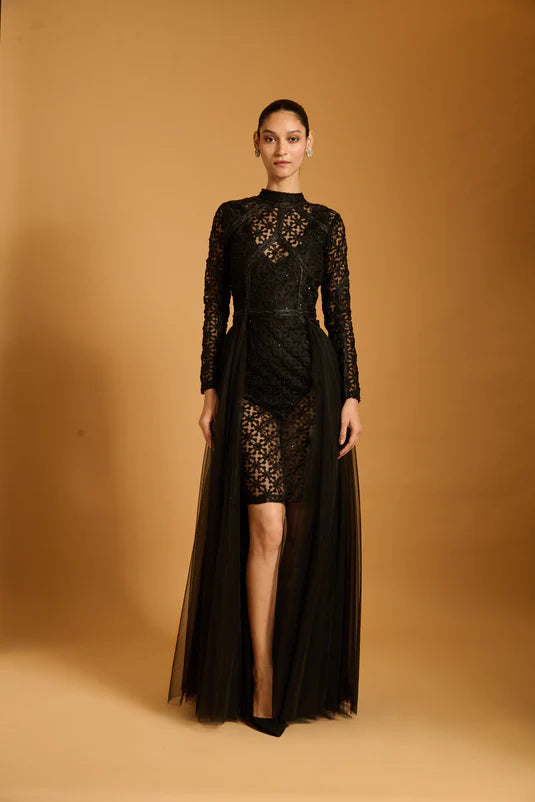 Trifecta black lattice sheer dress