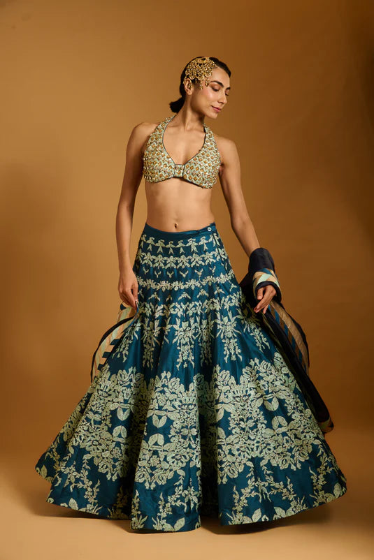 Trifecta teal-aqua threadwork crystal lehenga