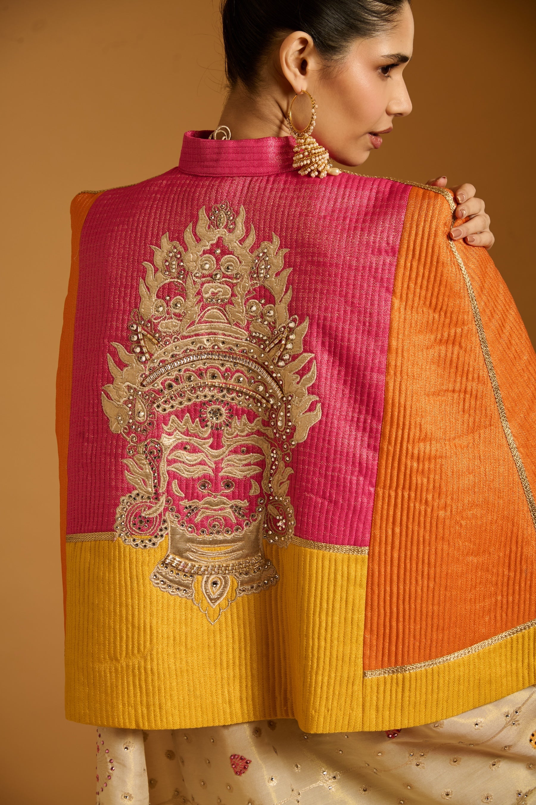 Trifecta vanilla-pink crystal saree with multicolor quilted cape