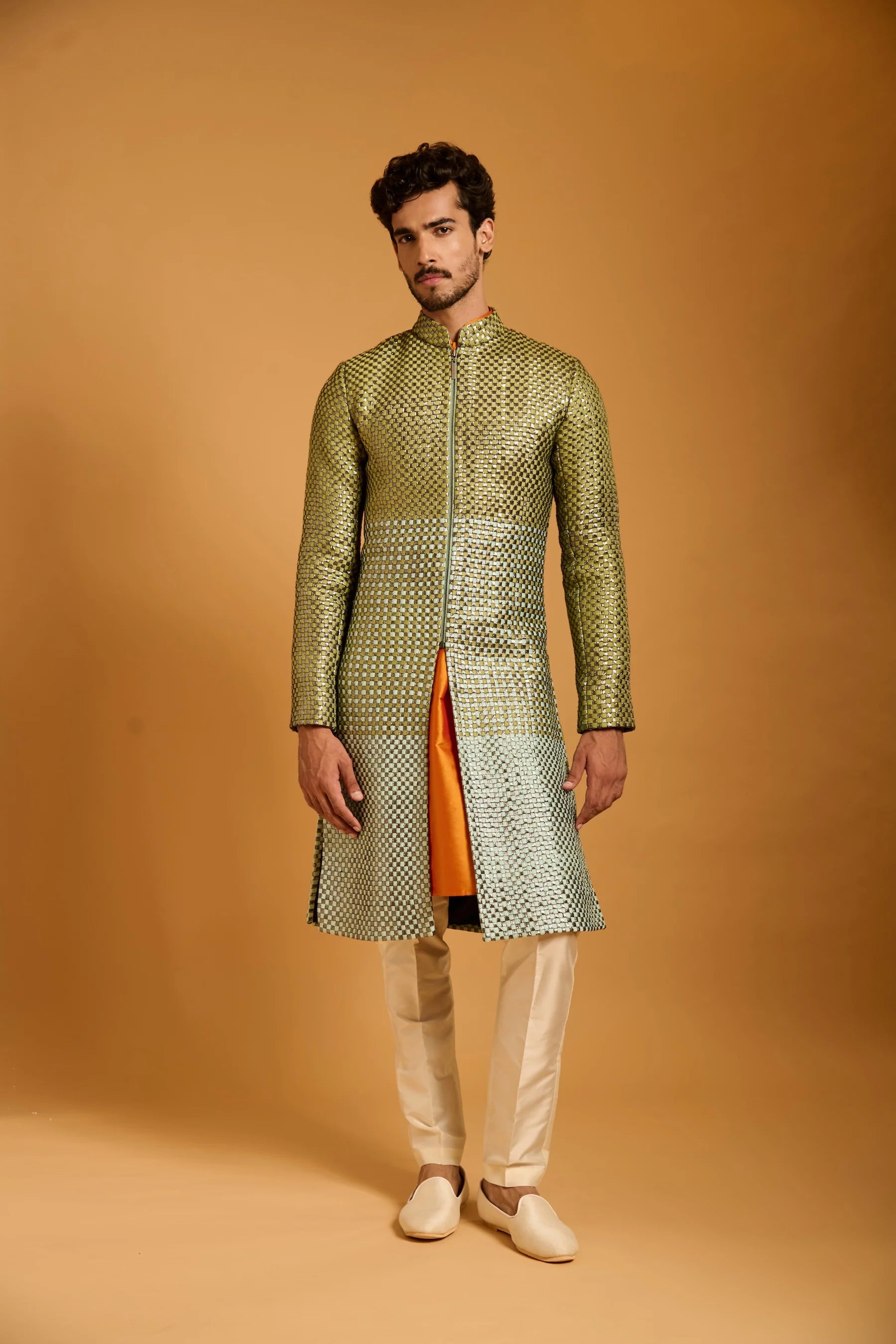 Trifecta pistachio-peppermint intrecciato sherwani