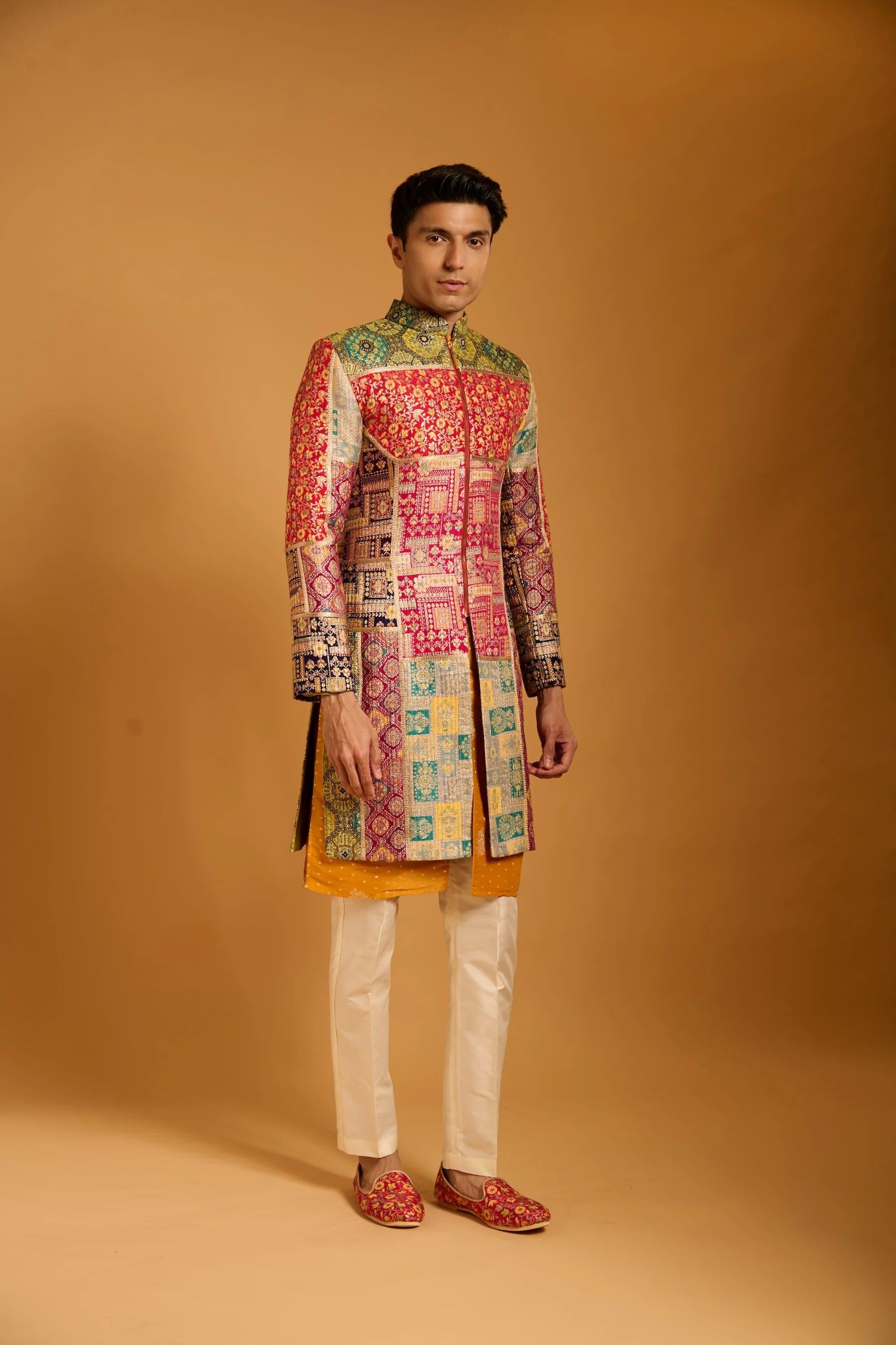 Trifecta multi brocade paneled sherwani