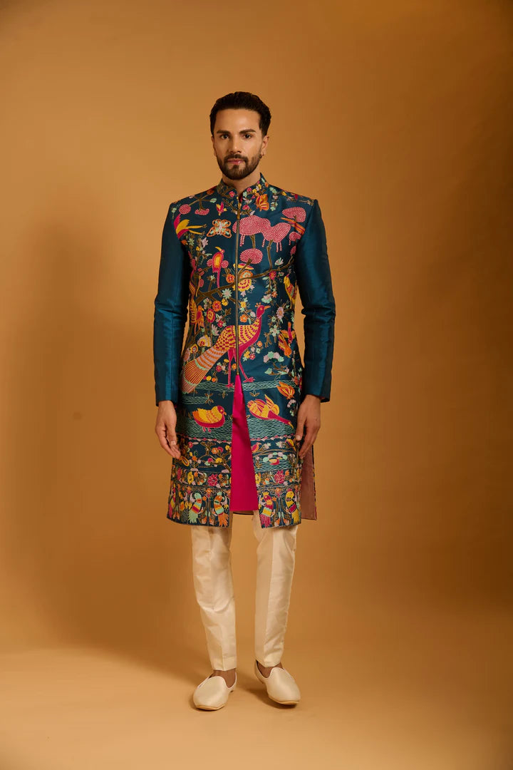 Trifecta teal forest sherwani