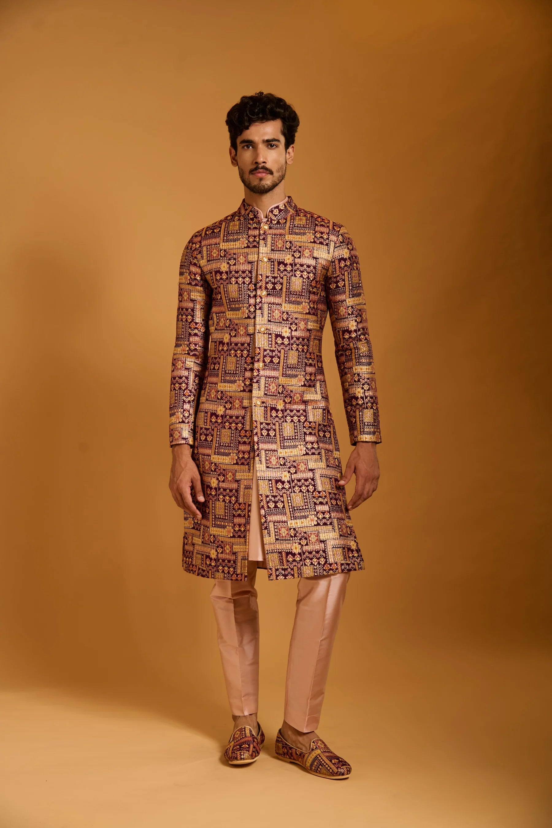 Trifecta plum brocade sherwani