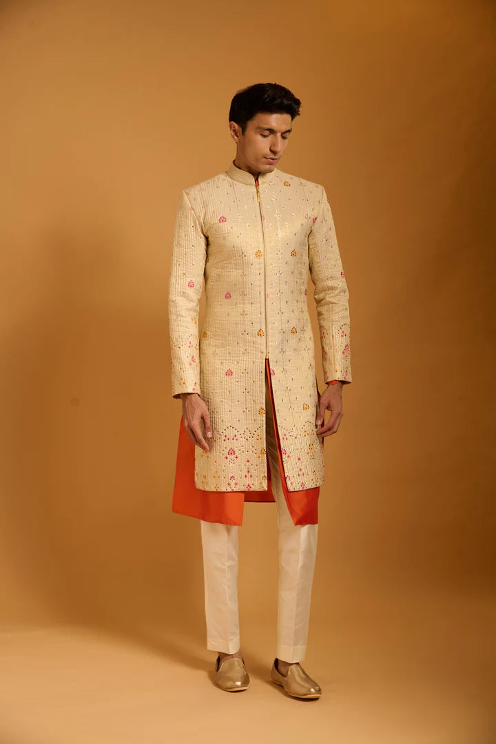 Trifecta pink-mango bootie quilted sherwani
