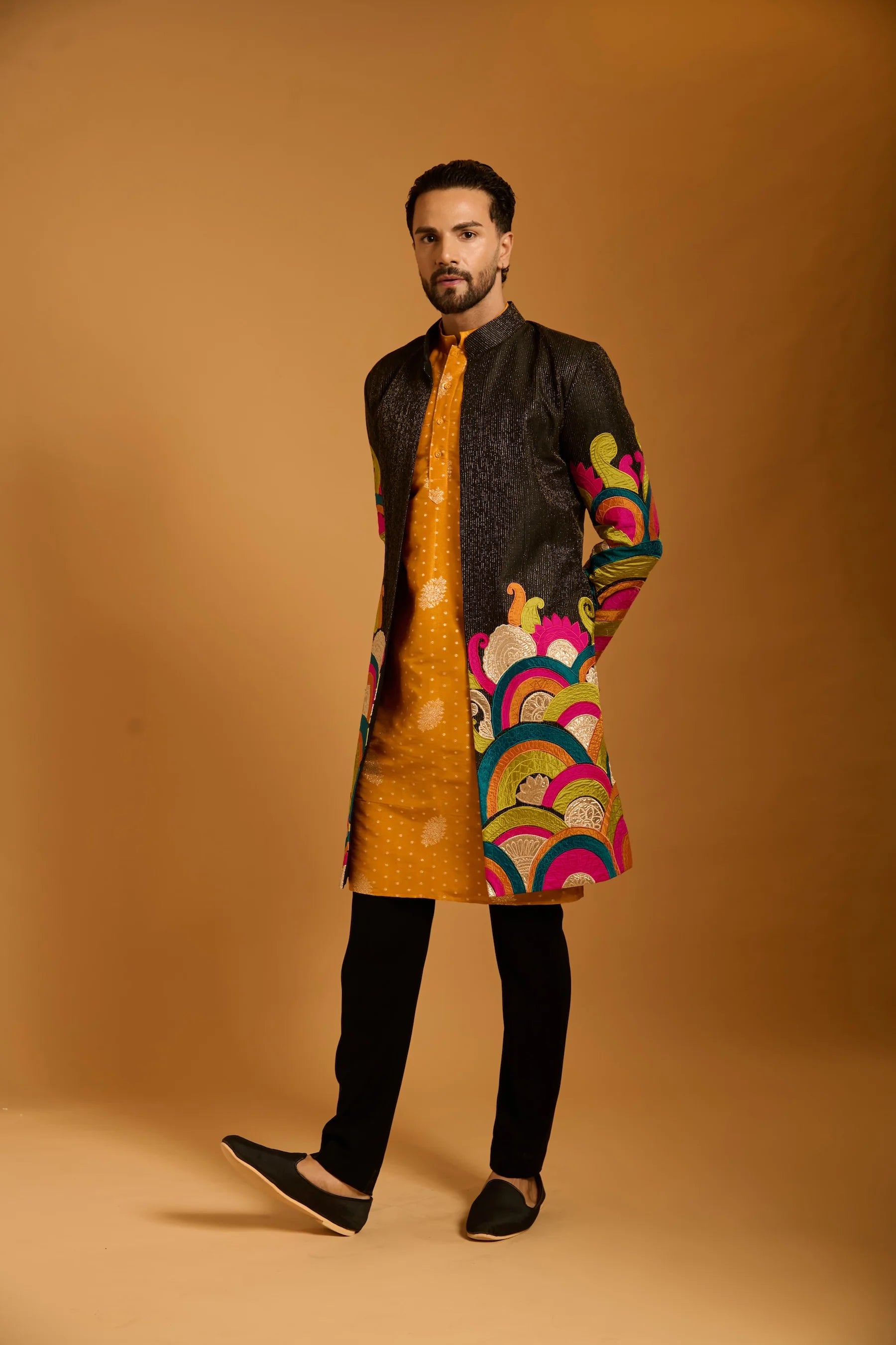 Trifecta black top stitch applique sherwani