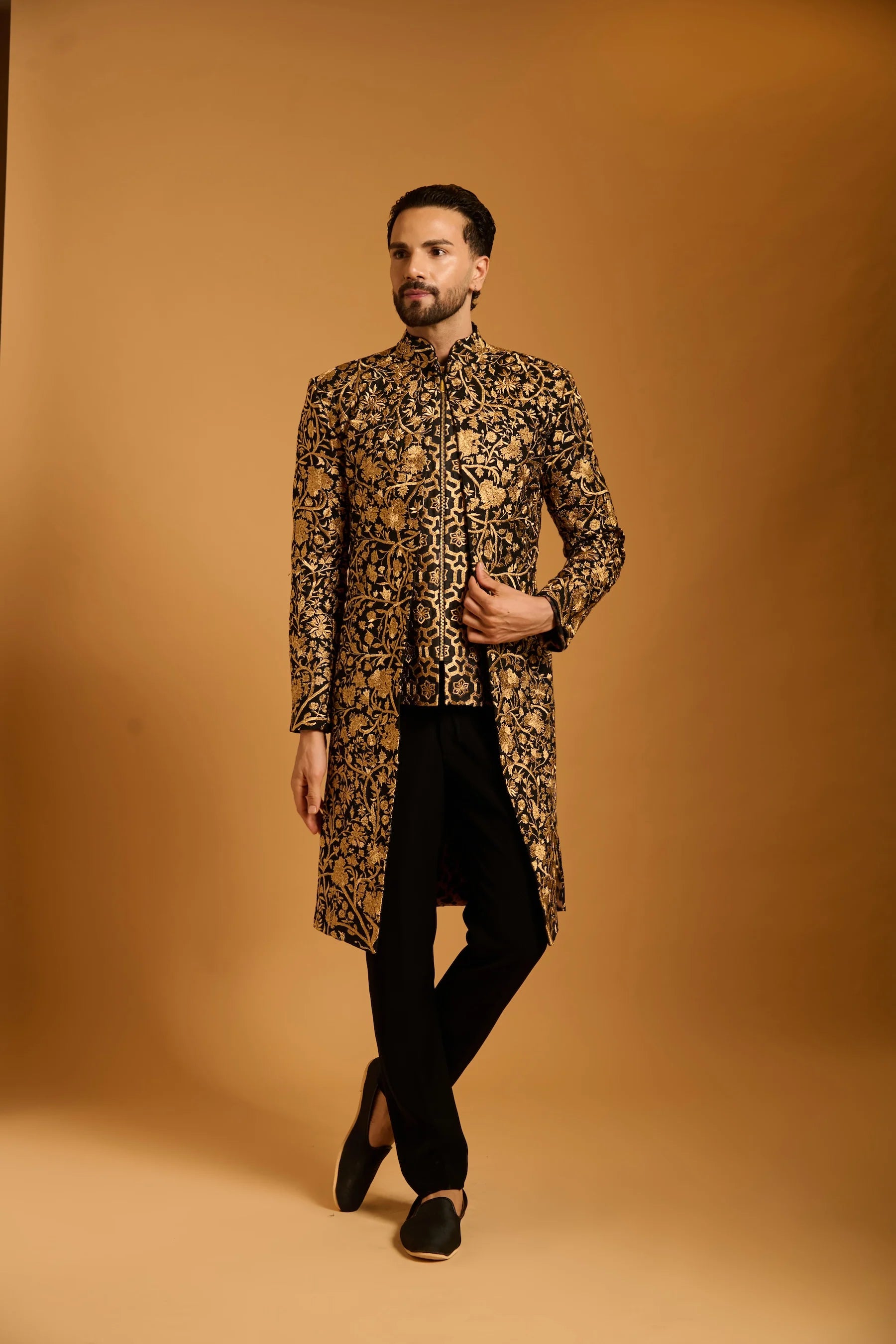 Trifecta black tree of life zari sherwani