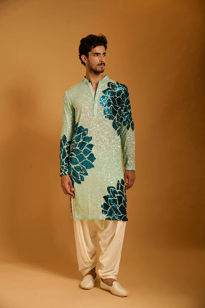 Trifecta aqua-teal floral sequin kurta