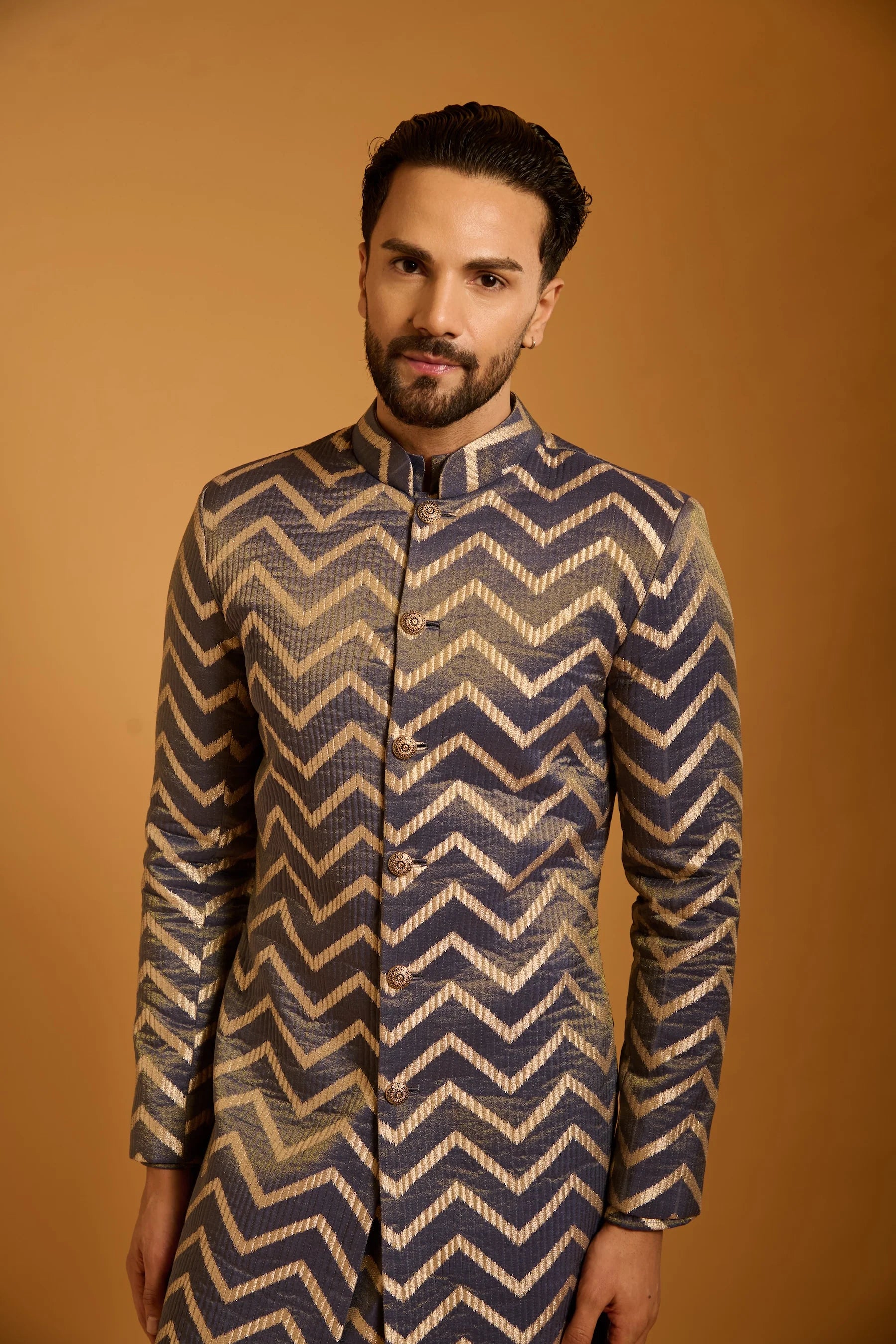 Trifecta charcoal chevron sherwani set