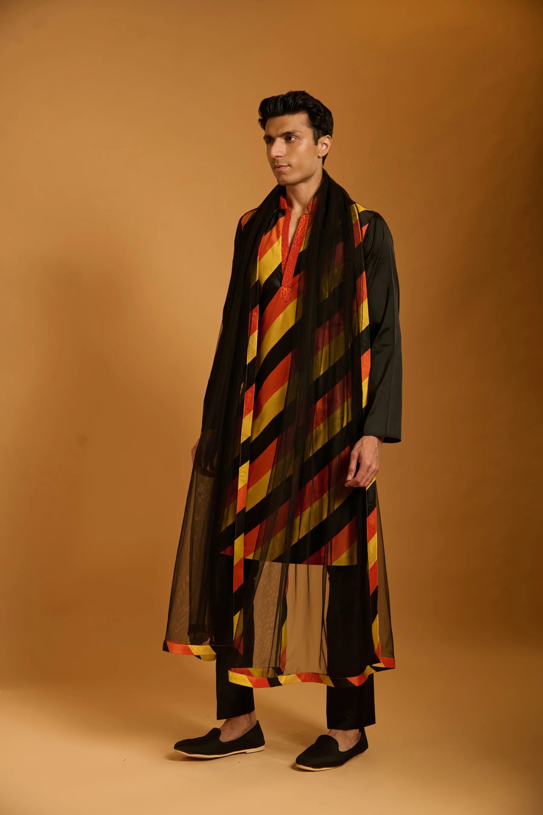 Trifecta black-orange-yellow striped kurta & dupatta