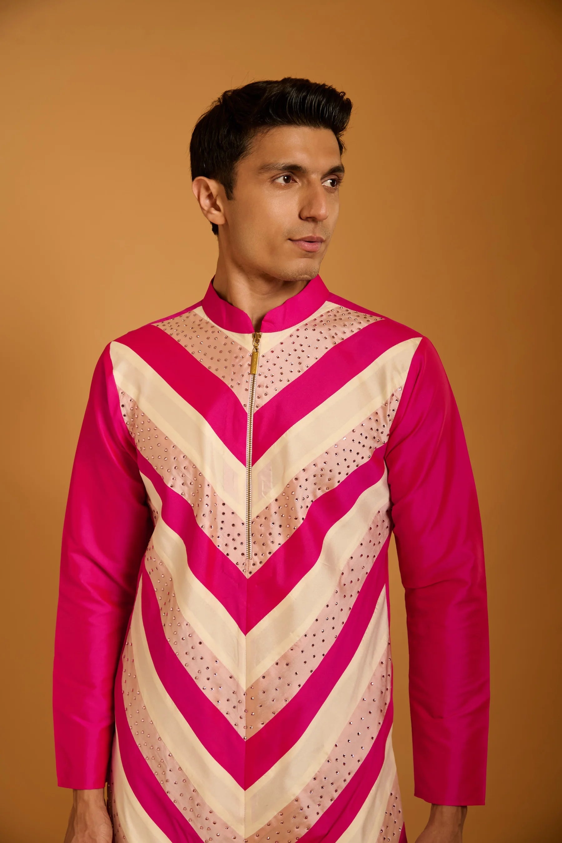 Trifecta pink-ivory crystal chevron kurta