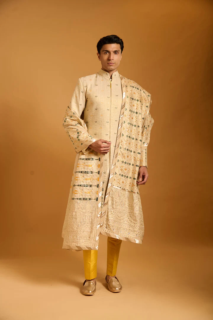 Trifecta teal-yellow bootie chanderi sherwani set