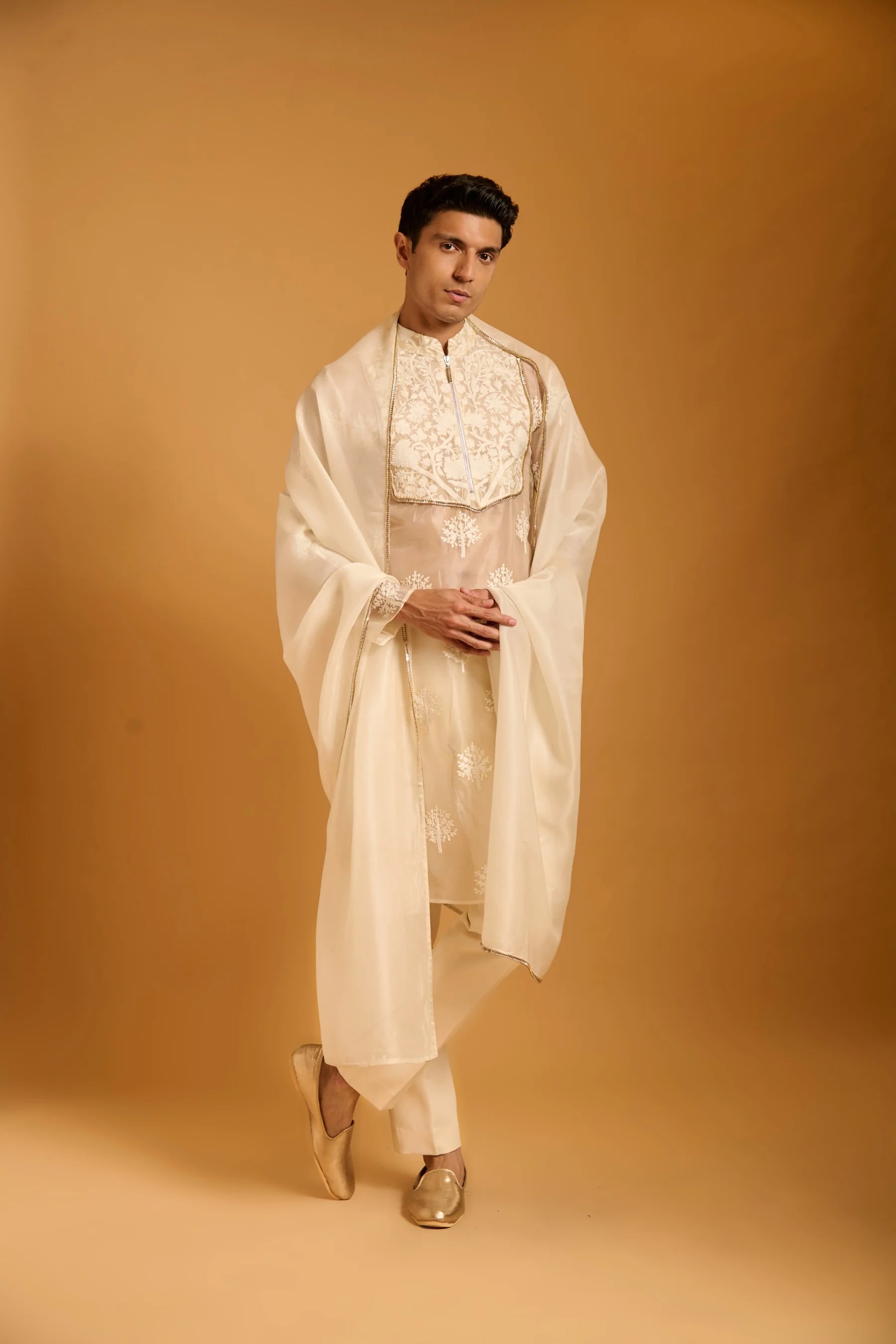 Trifecta ivory threadwork sheer sherwani