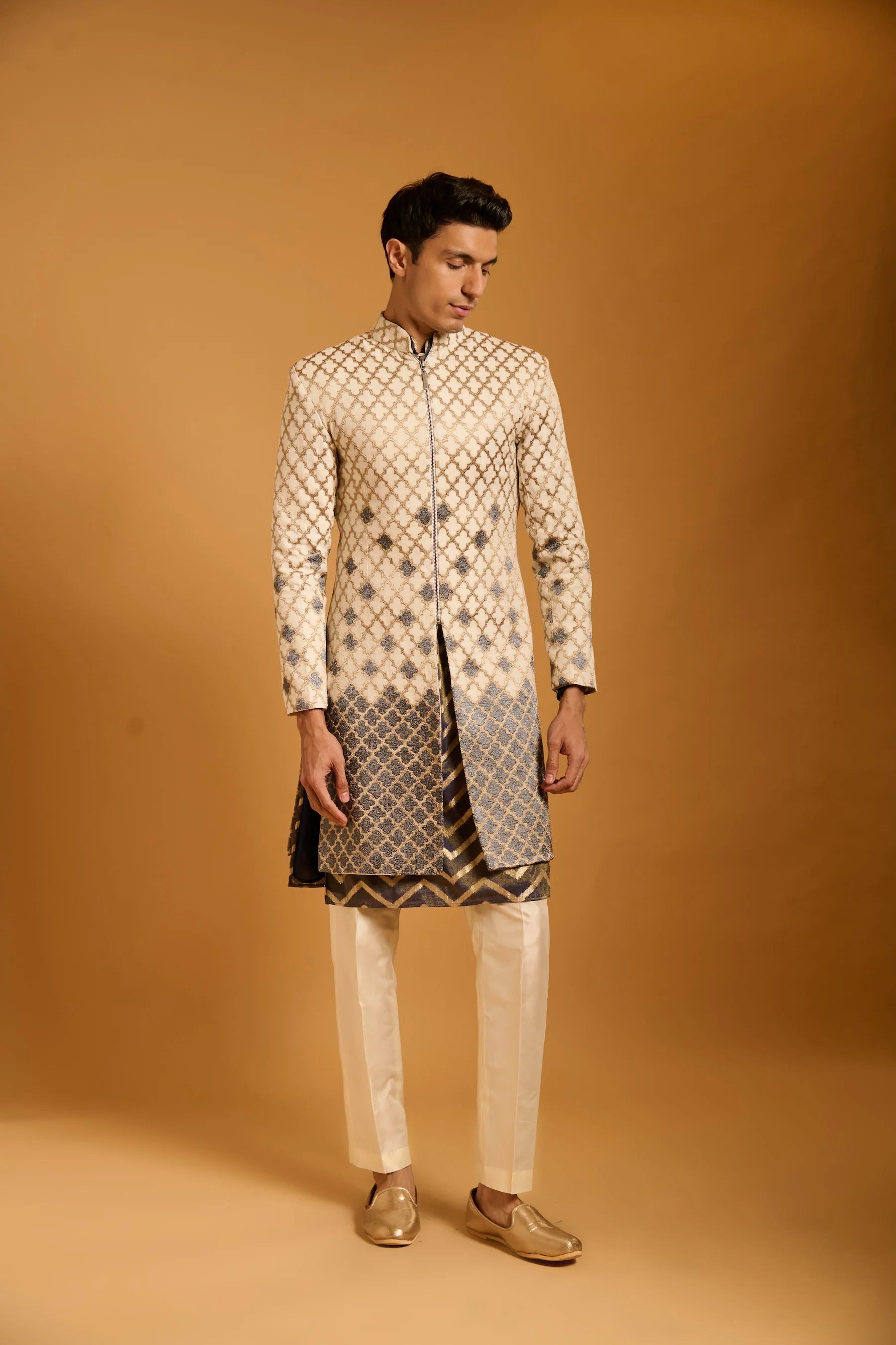 Trifecta ivory applique sherwani