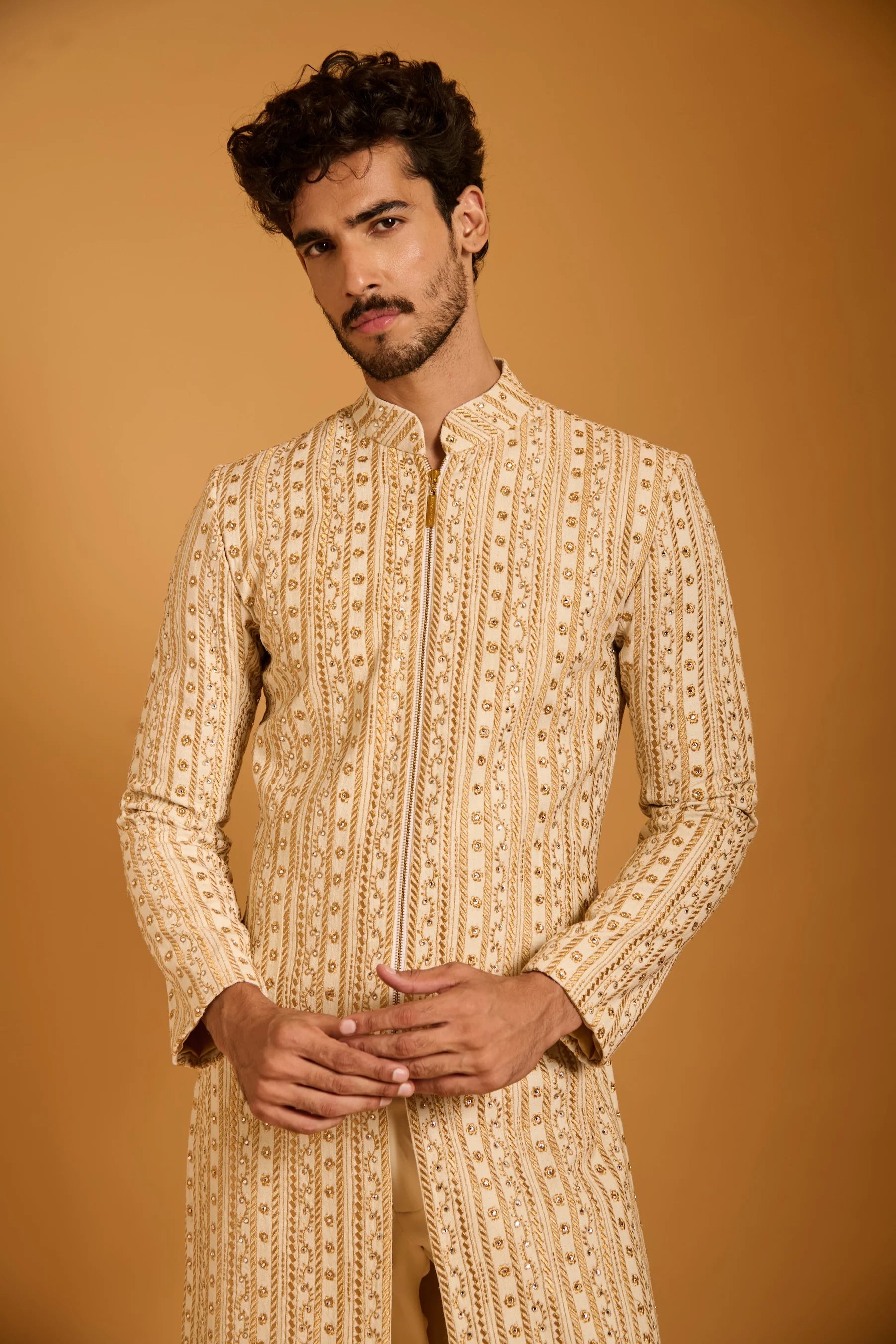 Trifecta ivory striped zari sherwani