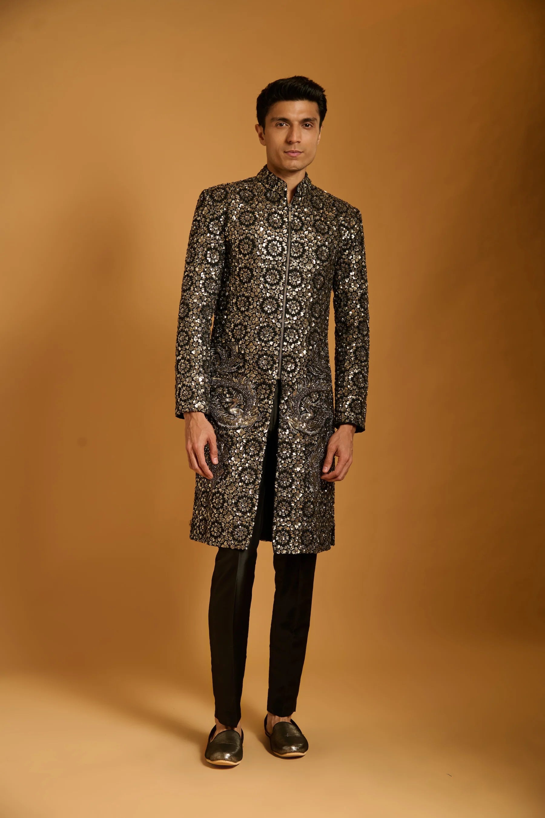 Trifecta black gunmetal sequin dragon sherwani