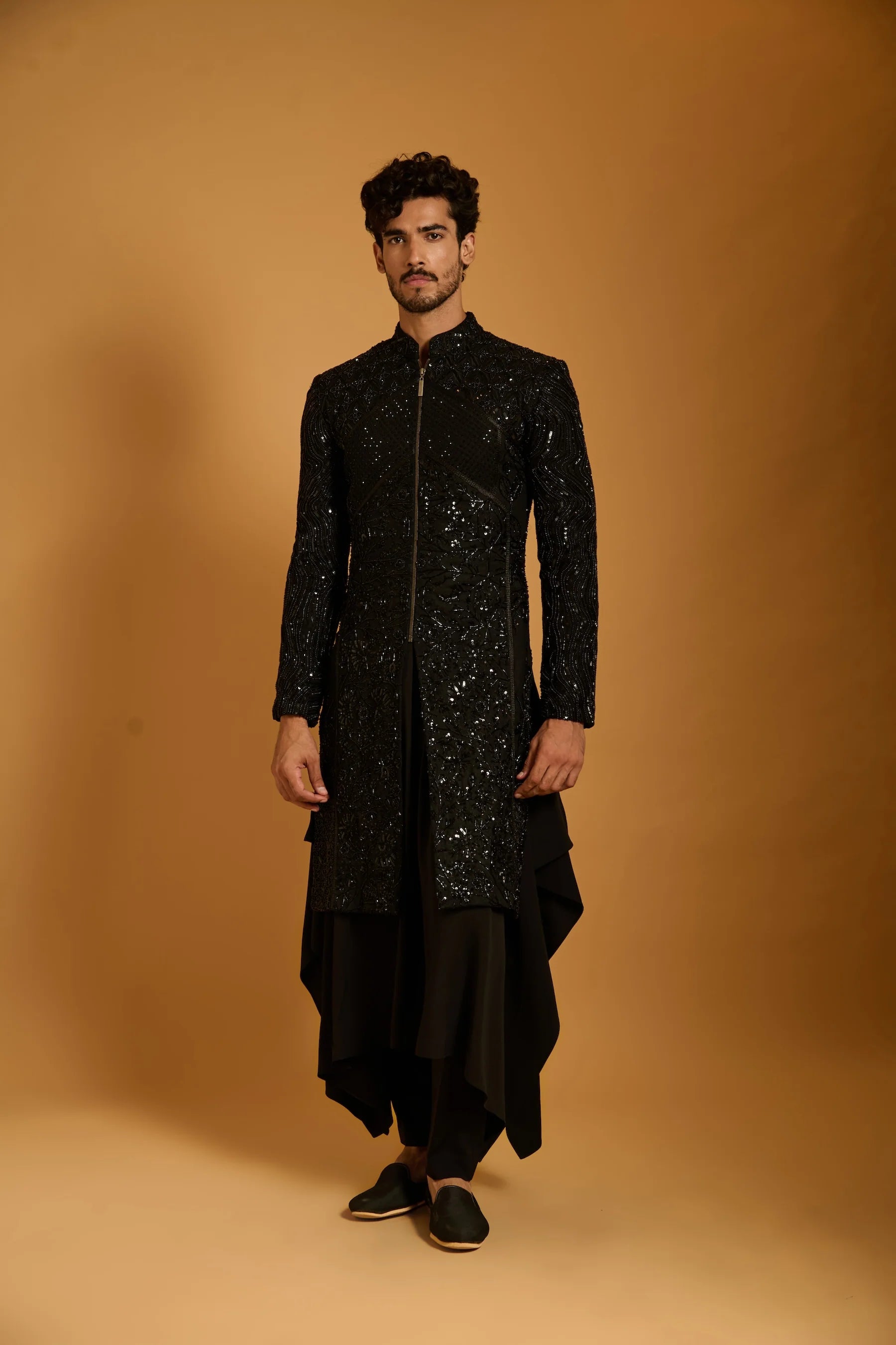Trifecta black sequin paneled sherwani
