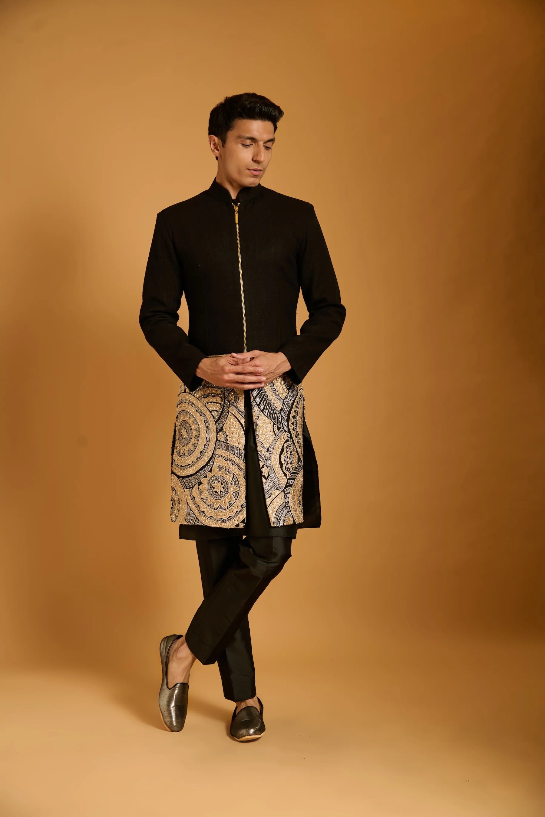 Trifecta black applique panel sherwani
