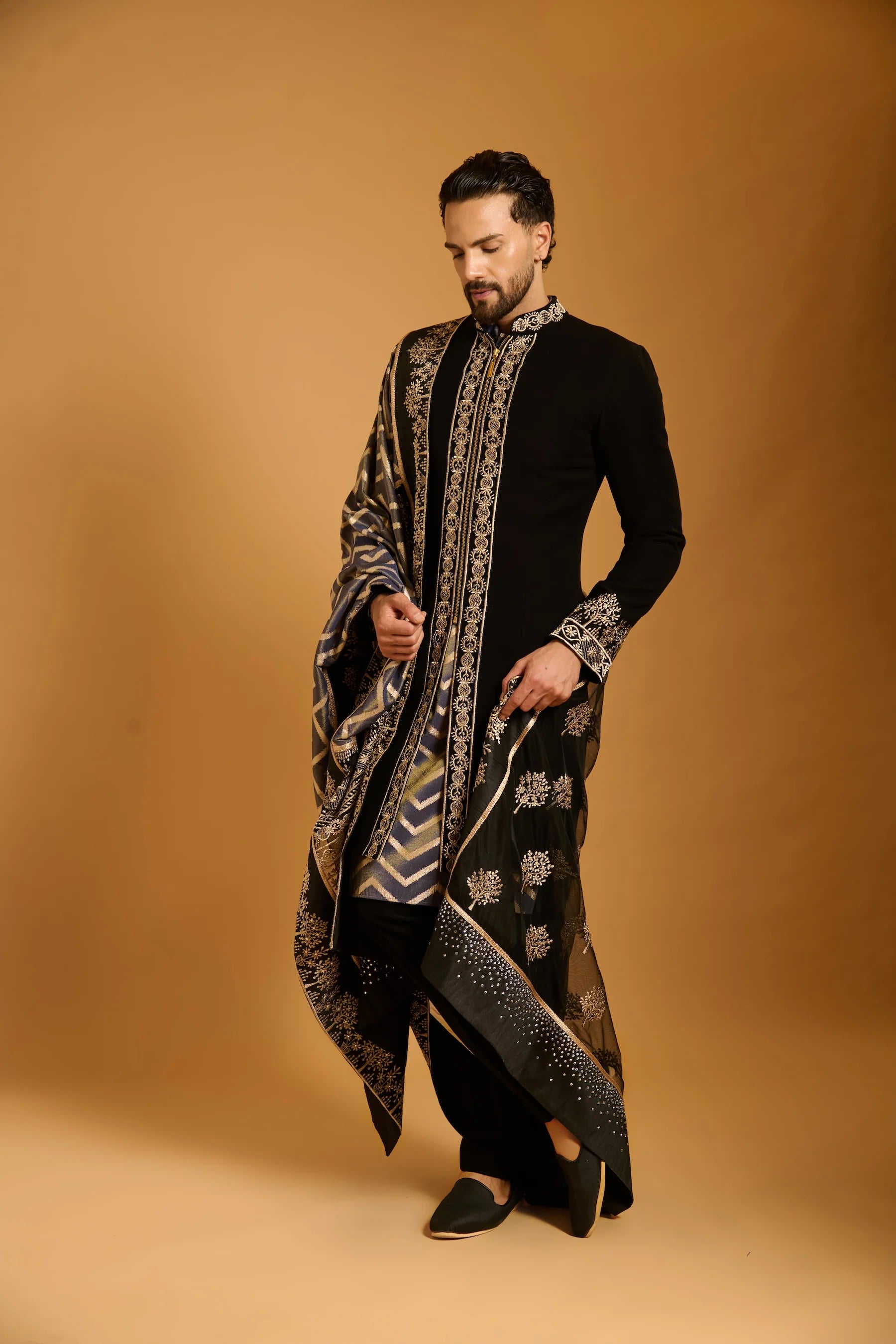 Trifecta black zari sherwani