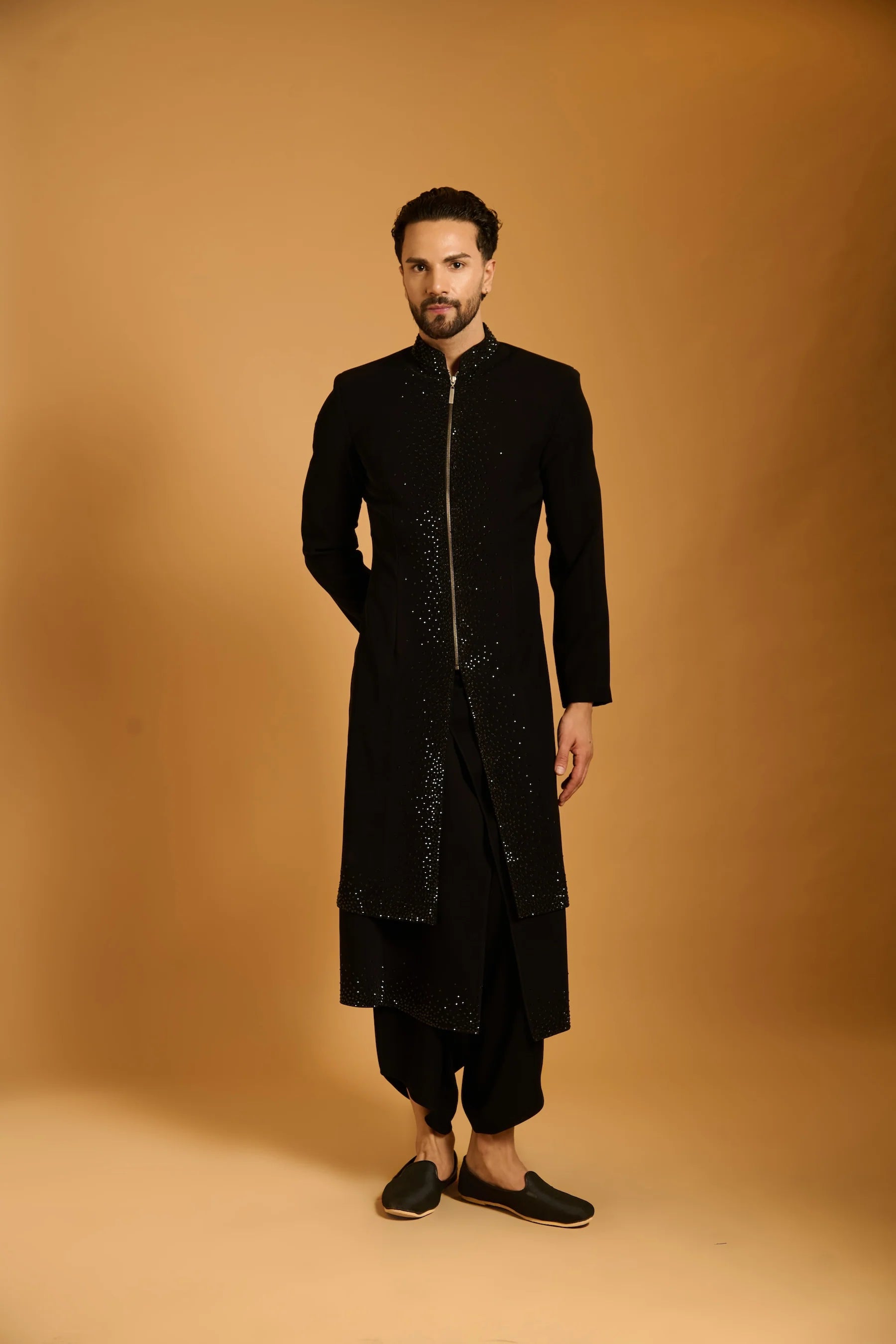 Trifecta black crystal sherwani