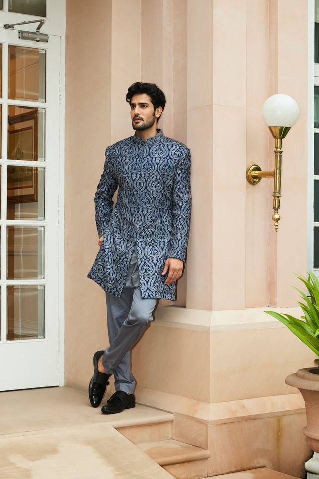 Royal Blue Matka Silk Worked Short Sherwani With Kurta and Trouser