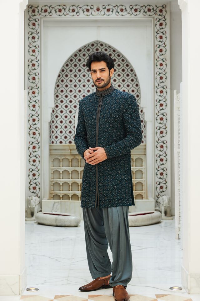 Teal Blue Raw Silk Short Sherwani with Gunmetal Grey Kurta & Salwar