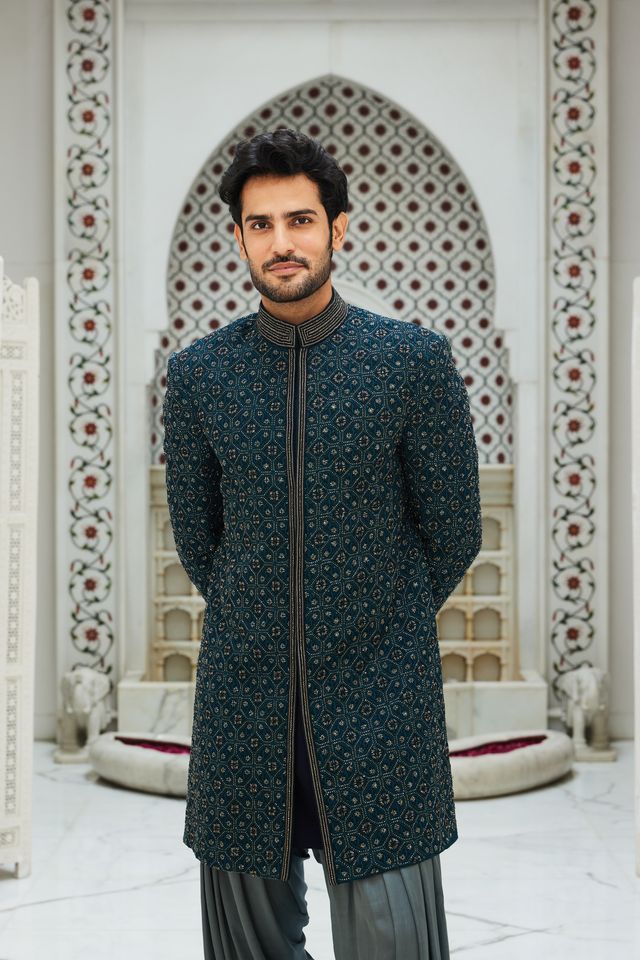 Teal Blue Raw Silk Short Sherwani with Gunmetal Grey Kurta & Salwar