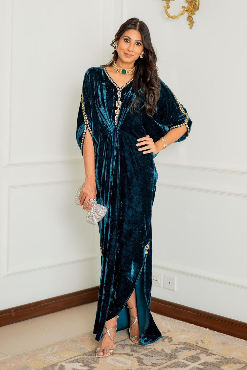 Teal Royale Embellished Velvet Kaftan Gown
