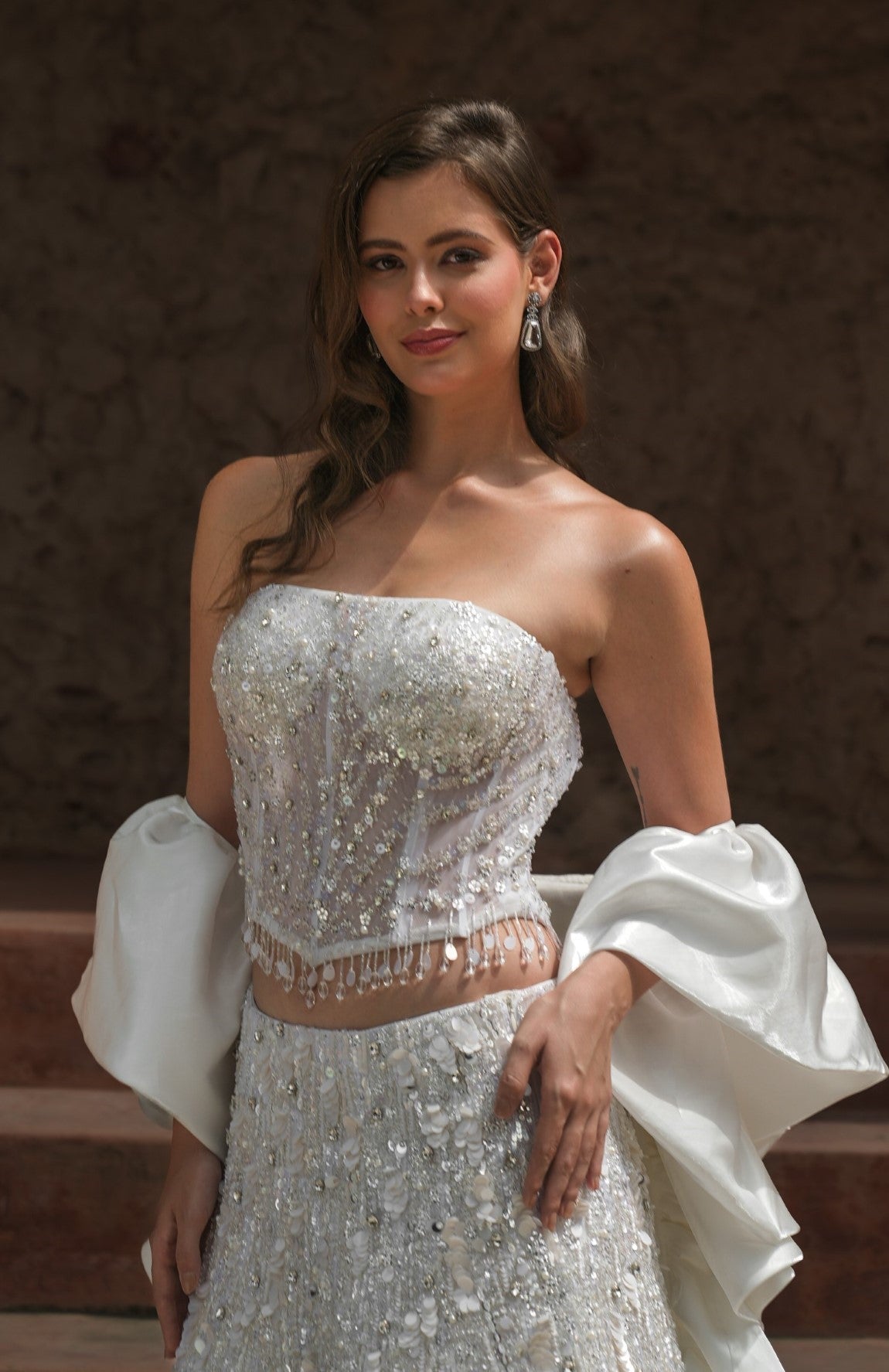 White embroidered corset fishcut lehenga set