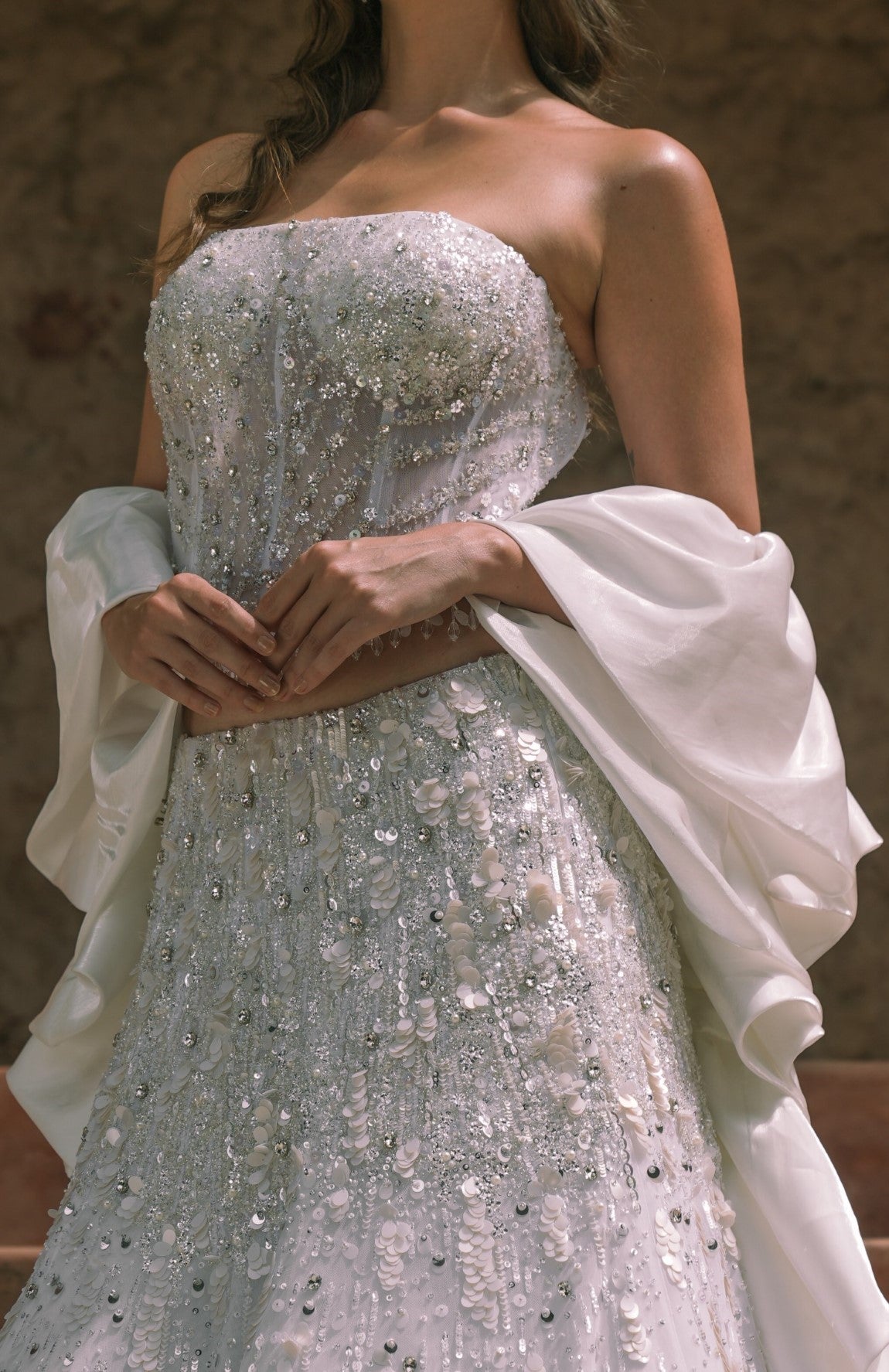 White embroidered corset fishcut lehenga set