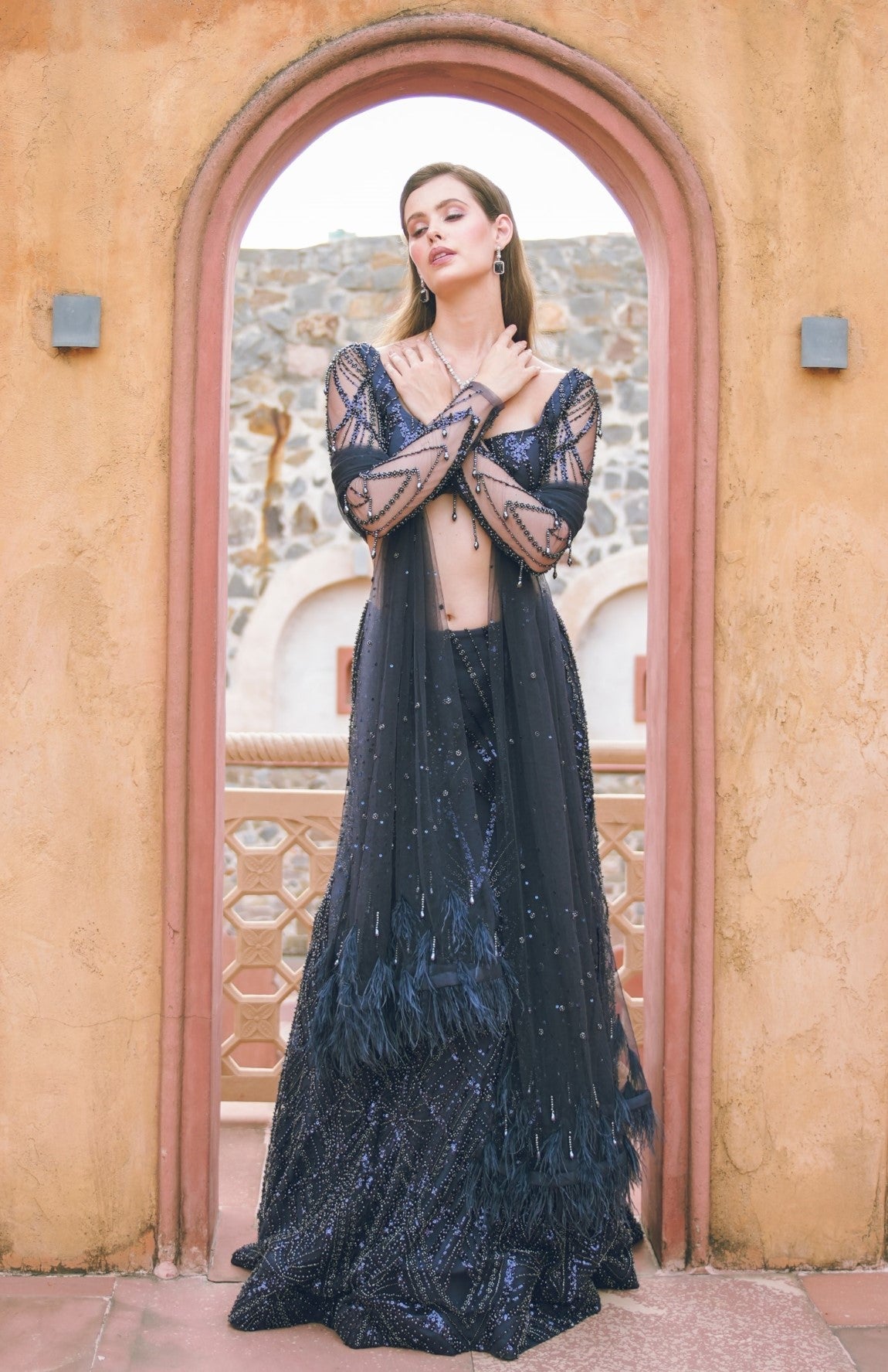Dark blue embroidered lehenga set