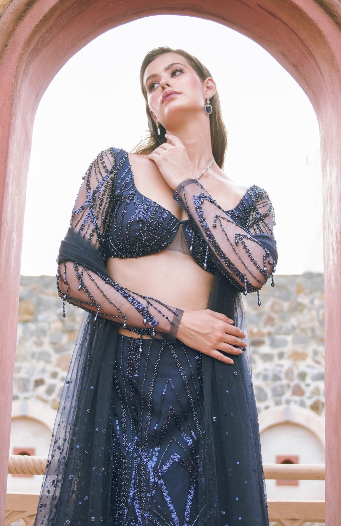 Dark blue embroidered lehenga set