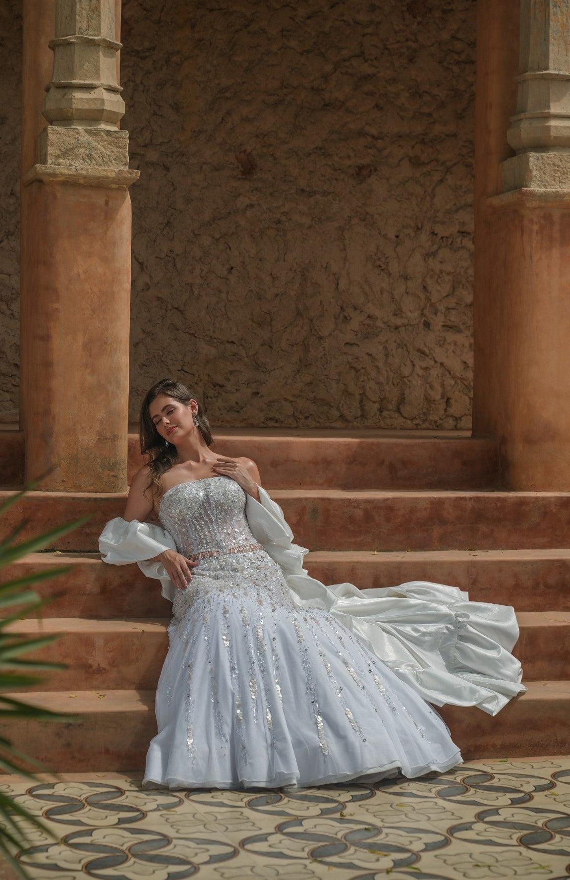 White embroidered corset fishcut lehenga set