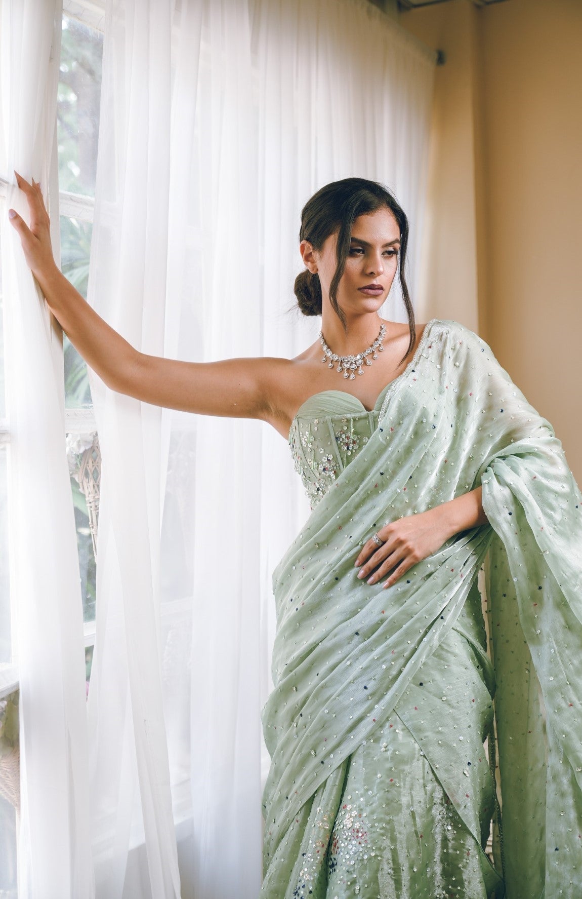 Pista green corset draped saree