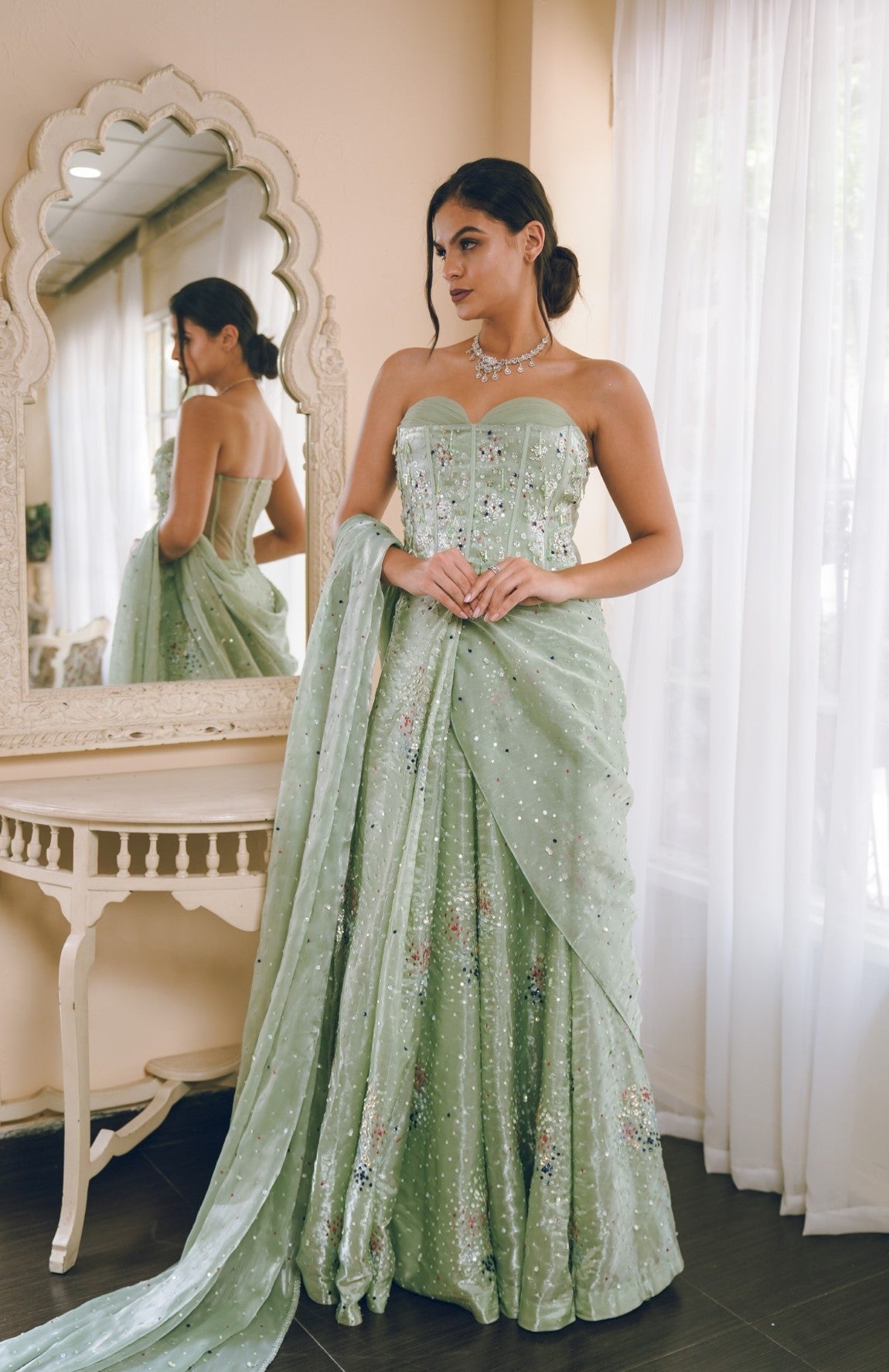 Pista green corset draped saree